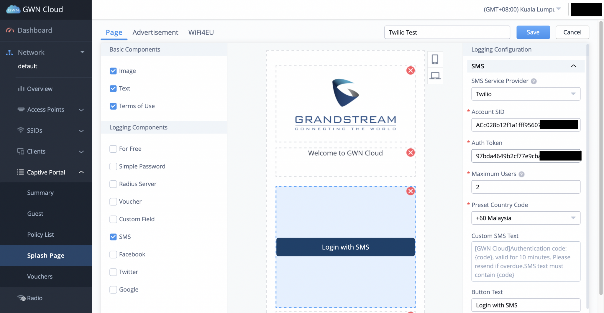 Configuring Twilio as SMS Login Method in GWN Cloud's Captiv