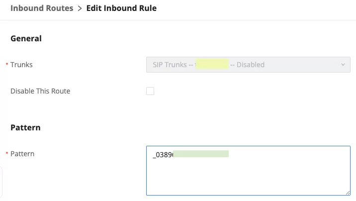Inbound Route's Pattern is specified using a DID number or the format _03x